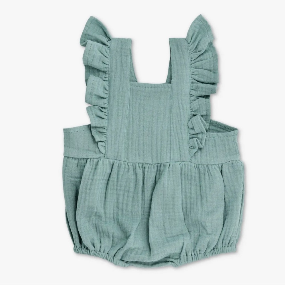 NWT Apple Park Muslin Flutter Sleeve Teal Green Romper
